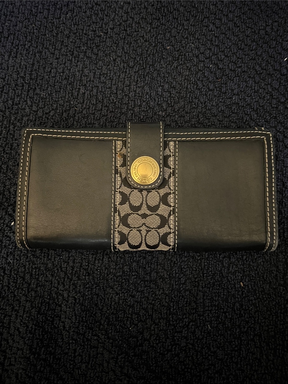 Coach Black Leather Signature Stripe Continental Wallet with Gold-Tone Snap